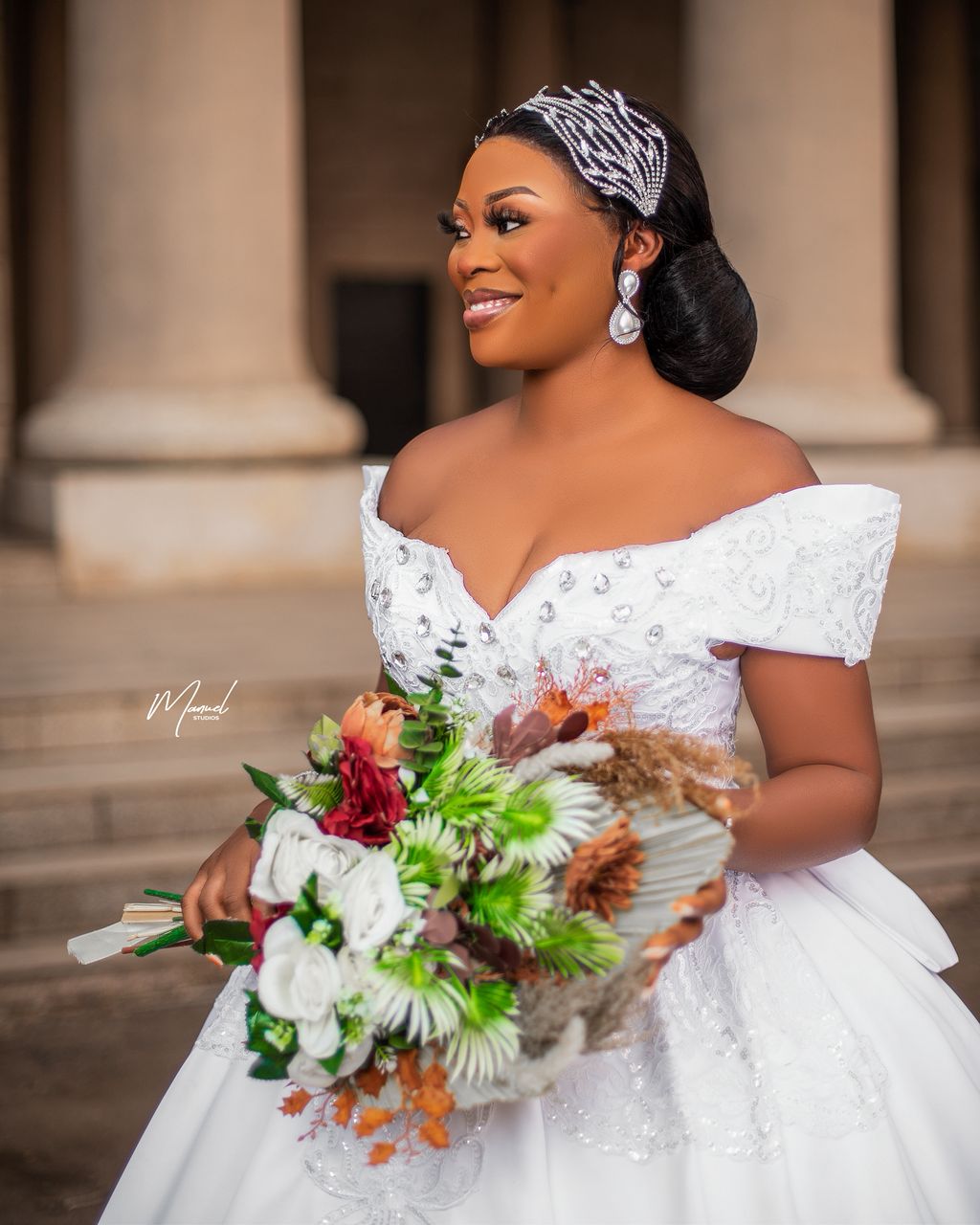 Custom bridal ball gown with bouquet, close up