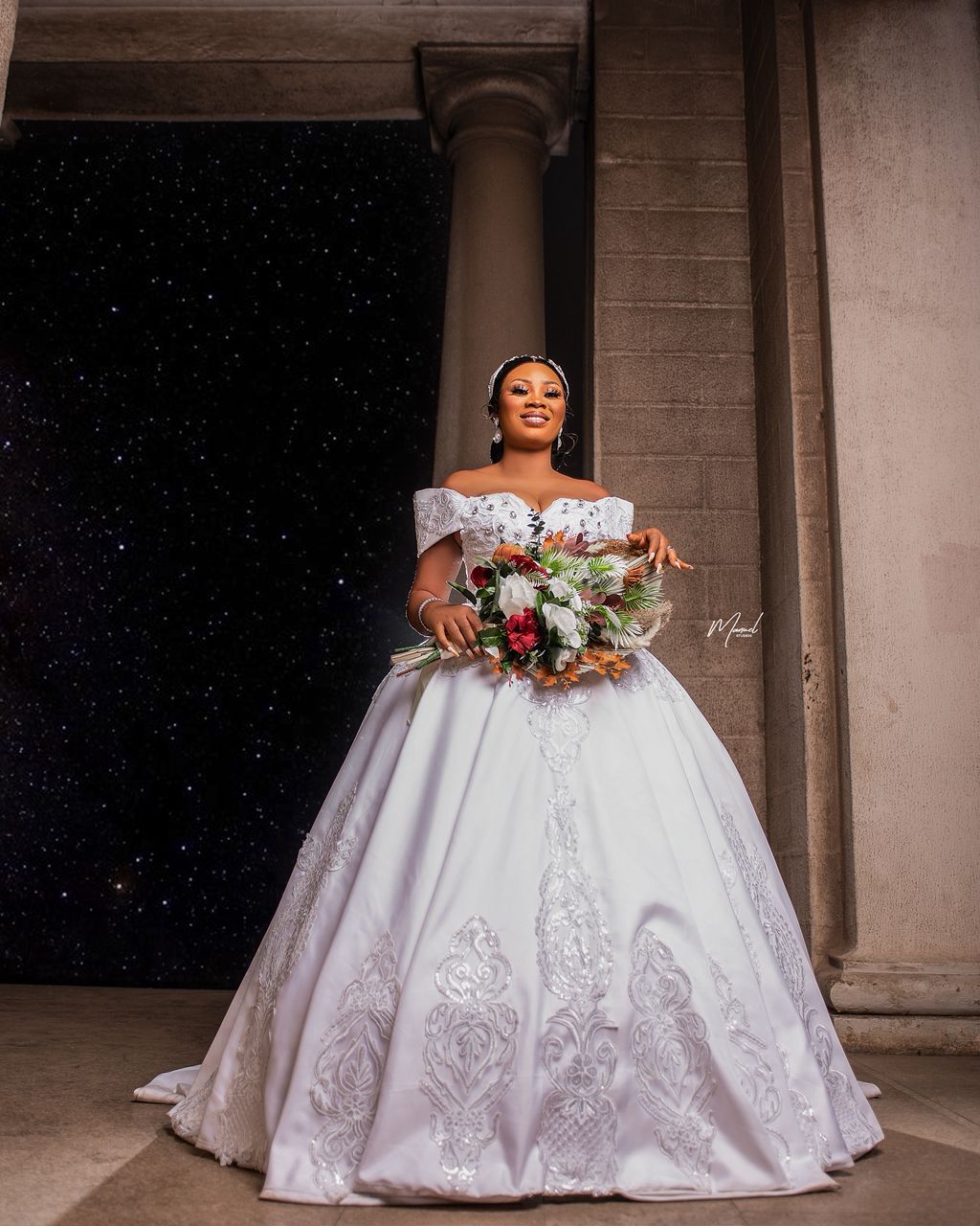 Custom bridal ball gown, wide shot