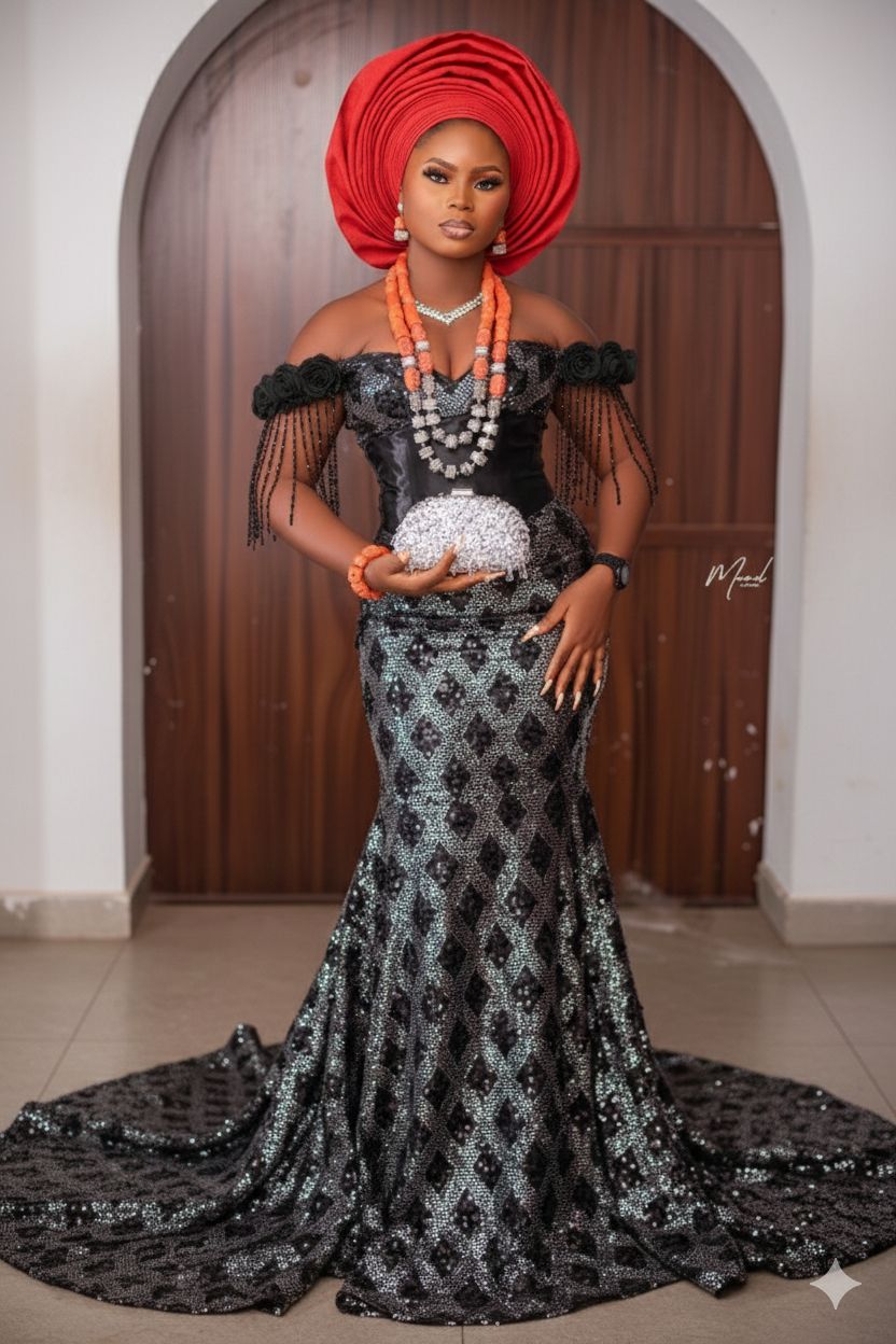Custom black sequin gown with red gele