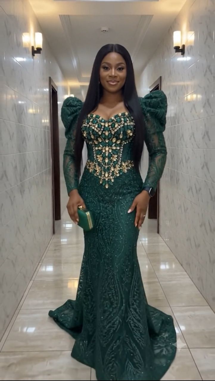 Custom emerald gown with jeweled bodice