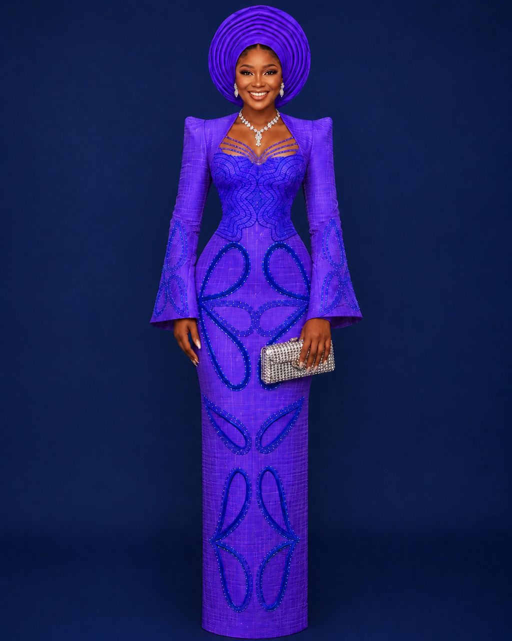 Wunmicole custom gown in royal purple aso-oke