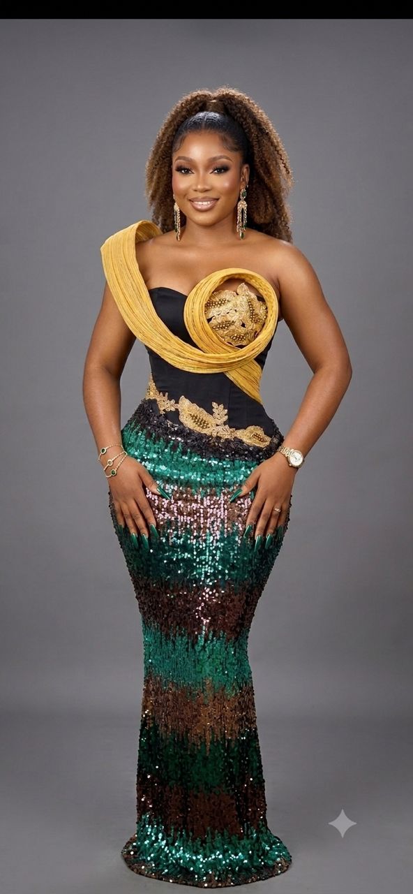 Custom emerald and gold sequin evening gown